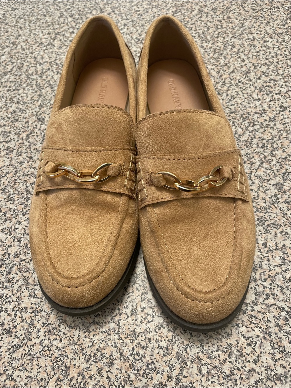 Old Navy Tan Suede Loafers with Gold Chain Accent